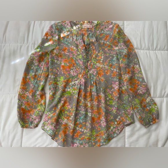 Rebecca Taylor 100% silk designer blouse floral pleated long sleeve button up - Picture 1 of 8